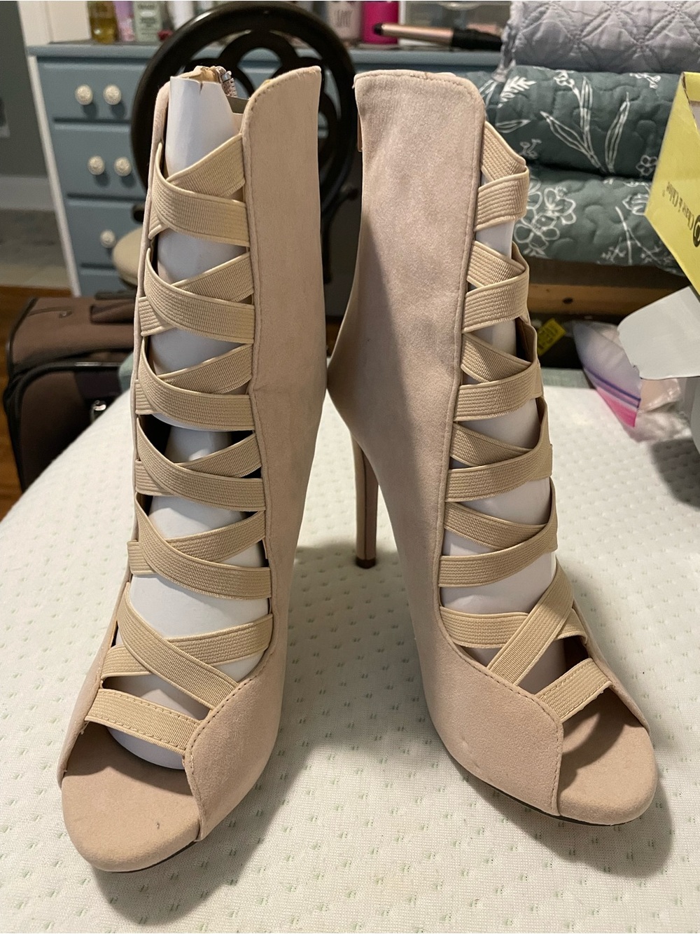 Chase + Chloe Nude Open-Toe Lace-Up Stiletto Booties